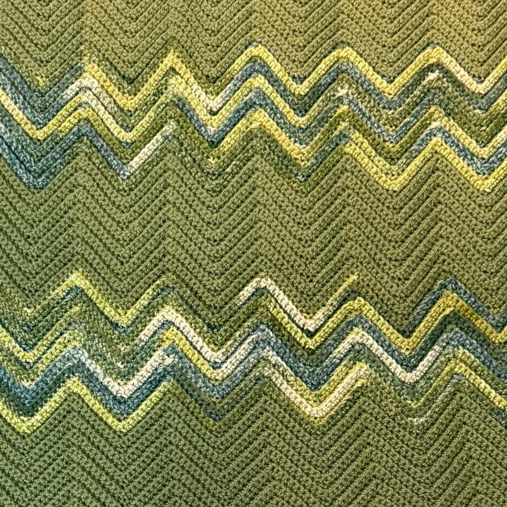 Handcrafted 82 x 36 Inch Chevron Afghan Multicolored Greens - New
